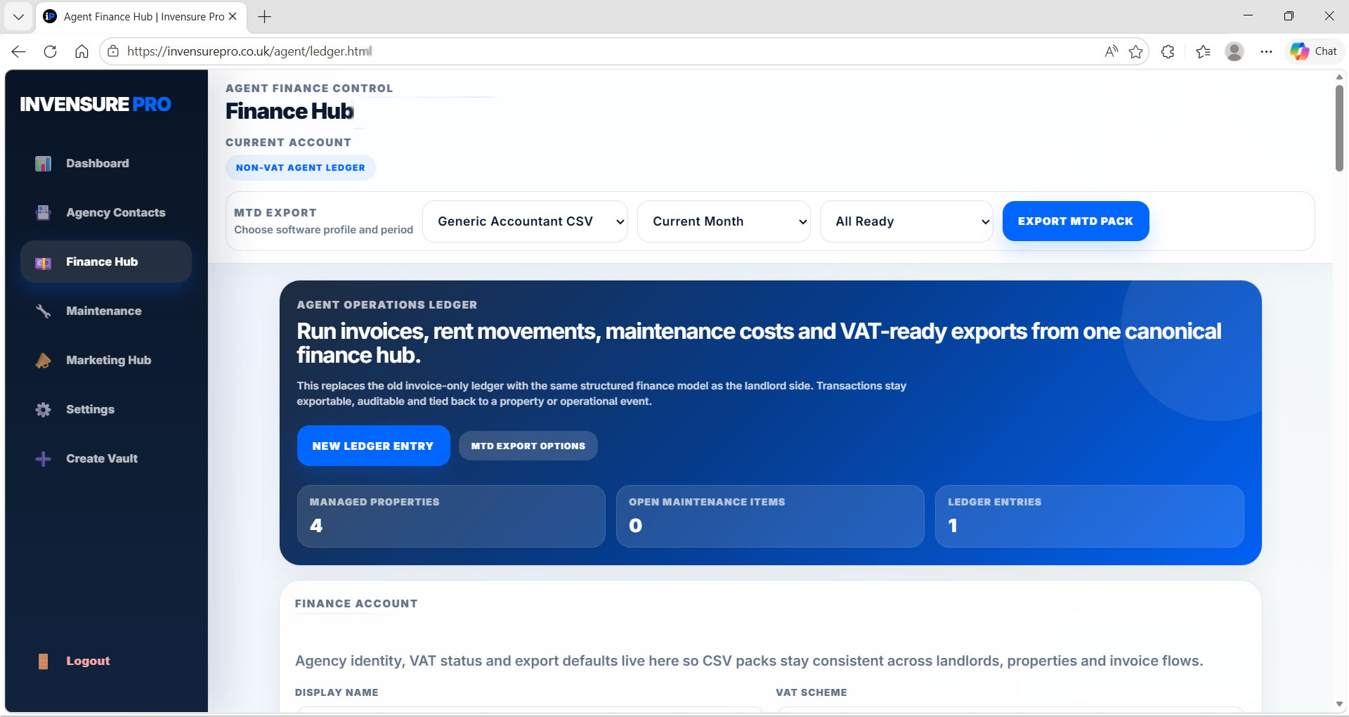 Invensure finance hub with operationally linked ledger and export support.